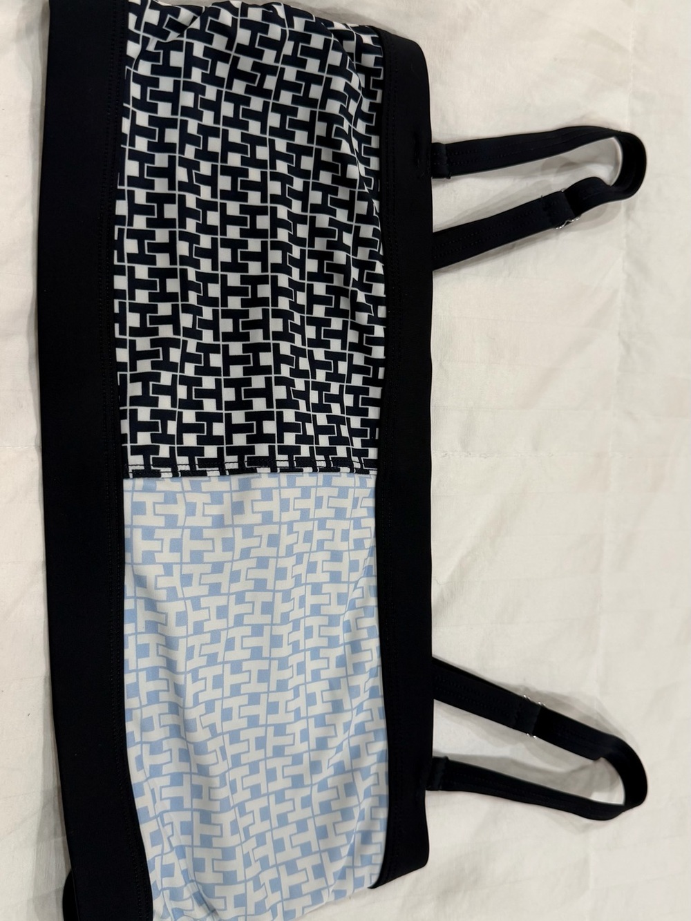 Tommy Hilfiger Black White and Light Blue Logo-Print Bandeau Swim Top